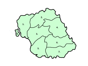 1. Lopirská oblas 4. Zolnická oblast 7. Kyrylská oblast 2. Kalubská oblast 5. Polunská oblast 8. Johská oblast 3. Dofurská oblast 6. Forská oblast